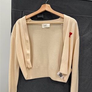 AMI Paris Beige White Cropped Knit Cardigan 100% Wool XS